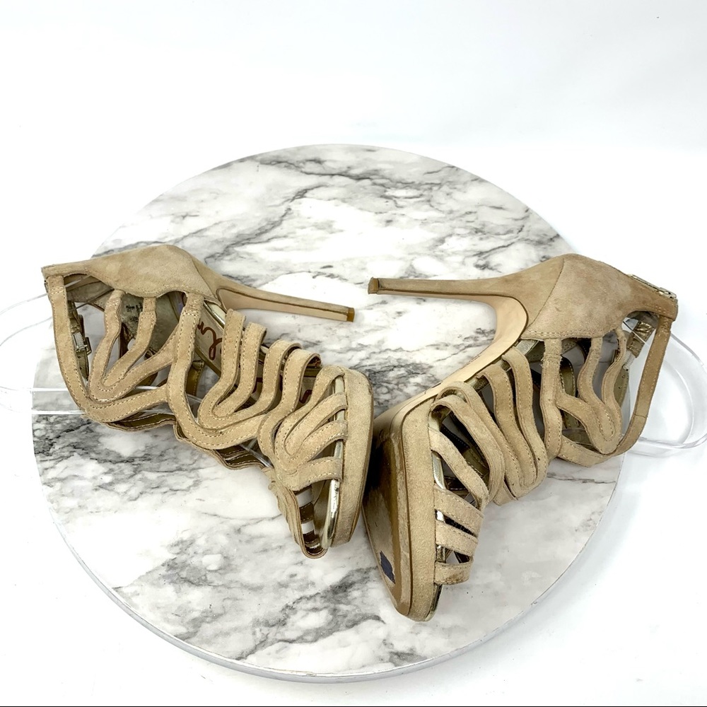 Sam Edelman Eve Cutout Peep Toe Tan Suede Platform Cage Pumps 7.5 Y2K Cocktail - Picture 7 of 16